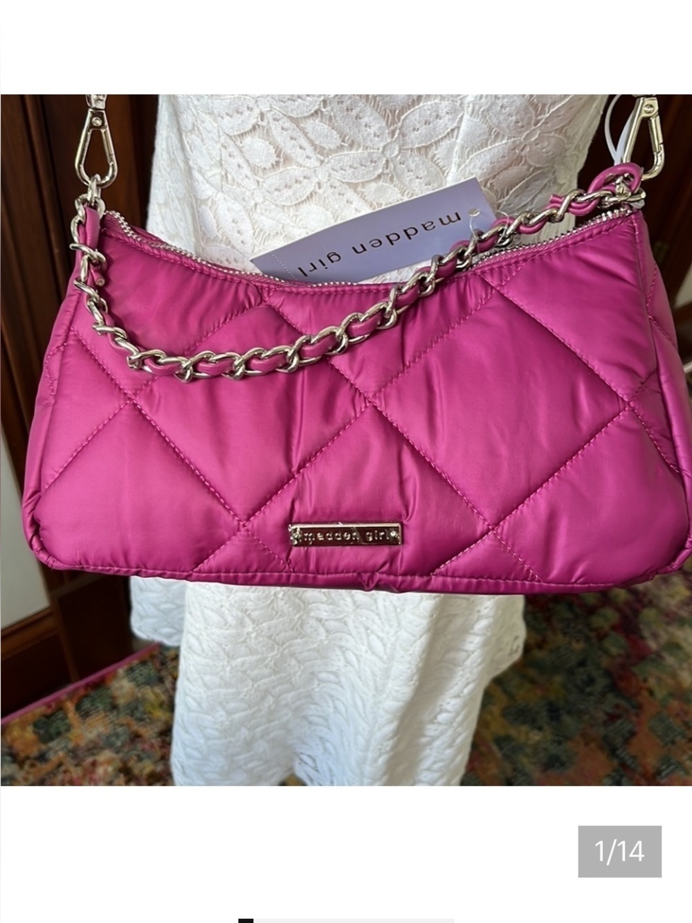 Madden girl  crossbody bag, Raspberry quilted nylon silver tone accents   NWT